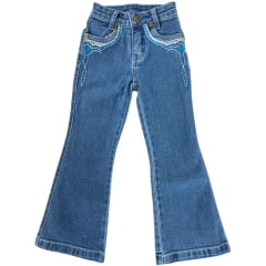 Calça Infantil Feminina Country PRB Lavagem Clara Com Bordado Azul E Branco Nos Bolsos Ref:1632