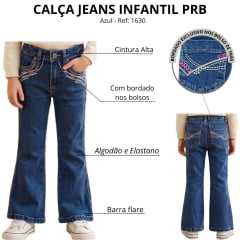 Calça Infantil PRB Feminina Country Azul Médio Flare Com Bordado Rosa Ref:1630
