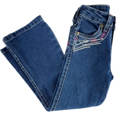 Calça Infantil PRB Feminina Country Azul Médio Flare Com Bordado Rosa Ref:1630