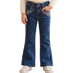 Calça Infantil PRB Feminina Country Azul Médio Flare Com Bordado Rosa Ref:1630