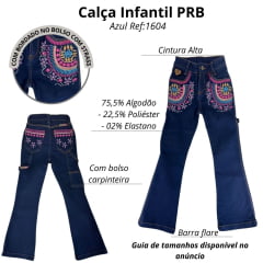 Calça Infantil Feminina PRB Country Jeans Azul Escuro Carpinteira Com Bordado Pink Azul E Lilás E Brilhos Ref:1604