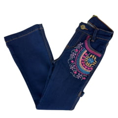 Calça Infantil Feminina PRB Country Jeans Azul Escuro Carpinteira Com Bordado Pink Azul E Lilás E Brilhos Ref:1604