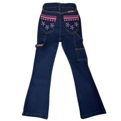 Calça Infantil Feminina PRB Country Jeans Azul Escuro Carpinteira Com Bordado Pink Azul E Lilás E Brilhos Ref:1604