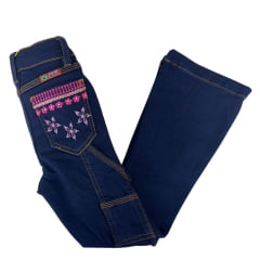 Calça Infantil Feminina PRB Country Jeans Azul Escuro Carpinteira Com Bordado Pink Azul E Lilás E Brilhos Ref:1604