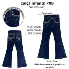 Calça Infantil Feminina PRB Country Jeans Azul Escuro Flare Com Bordado Nos Bolsos E Brilho Ref:1628