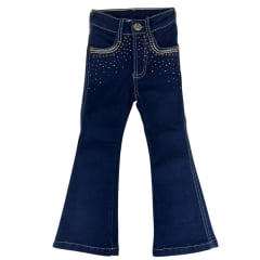 Calça Infantil Feminina PRB Country Jeans Azul Escuro Flare Com Bordado Nos Bolsos E Brilho Ref:1628