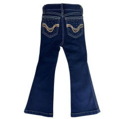 Calça Infantil Feminina PRB Country Jeans Azul Escuro Flare Com Bordado Nos Bolsos E Brilho Ref:1628