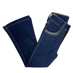 Calça Infantil Feminina PRB Country Jeans Azul Escuro Flare Com Bordado Nos Bolsos E Brilho Ref:1628