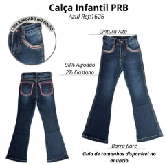 Calça Infantil Feminina PRB Country Jeans Azul Escuro Flare Com Bordado Rosa Nos Bolsos Ref:1626