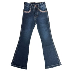 Calça Infantil Feminina PRB Country Jeans Azul Escuro Flare Com Bordado Rosa Nos Bolsos Ref:1626