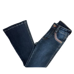 Calça Infantil Feminina PRB Country Jeans Azul Escuro Flare Com Bordado Rosa Nos Bolsos Ref:1626
