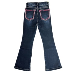 Calça Infantil Feminina PRB Country Jeans Azul Escuro Flare Com Bordado Rosa Nos Bolsos Ref:1626