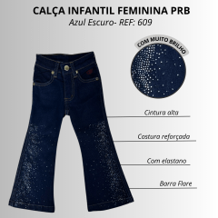 Calça Infantil  Feminina PRB Country Jeans Azul Escuro Flare Com Brilhos - REF: 609