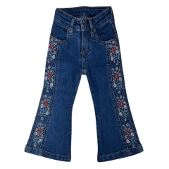 Calça Infantil  Feminina PRB Country Jeans Azul Flare Com Bordado De Flor Na Lateral - REF: 1605
