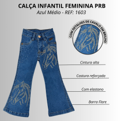 Calça Infantil  Feminina PRB Country Jeans Azul Médio Flare C/ Bordado De Cavalo - REF: 1603