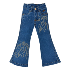 Calça Infantil  Feminina PRB Country Jeans Azul Médio Flare C/ Bordado De Cavalo - REF: 1603