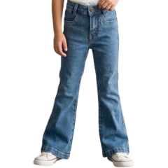 Calça Infantil Feminina PRB Flare Jeans Claro Bordado Rosa E Branco Nos Bolsos Traseiros - REF:1633