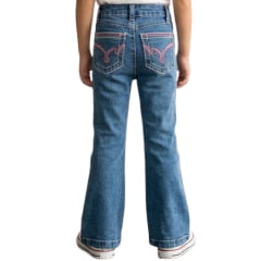 Calça Infantil Feminina PRB Flare Jeans Claro Bordado Rosa E Branco Nos Bolsos Traseiros - REF:1633