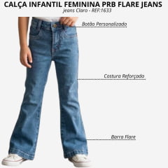 Calça Infantil Feminina PRB Flare Jeans Claro Bordado Rosa E Branco Nos Bolsos Traseiros - REF:1633