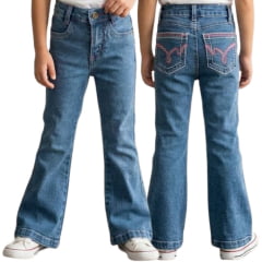 Calça Infantil Feminina PRB Flare Jeans Claro Bordado Rosa E Branco Nos Bolsos Traseiros - REF:1633 Calça Infantil Feminina PRB Flare Jeans Claro Bordado Rosa E Branco Nos Bolsos Traseiros - REF:1633