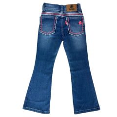 Calça Infantil Feminina Red Horse Jeans Azul Flare Com Bordado Rosa E Azul Claro Nos Bolsos Ref:1622