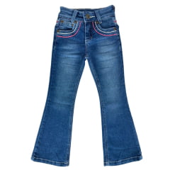 Calça Infantil Feminina Red Horse Jeans Azul Flare Com Bordado Rosa E Azul Claro Nos Bolsos Ref:1622 Calça Infantil Feminina Red Horse Jeans Azul Flare Com Bordado Rosa E Azul Claro Nos Bolsos Ref:1622
