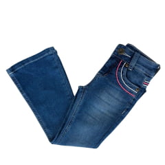 Calça Infantil Feminina Red Horse Jeans Azul Flare Com Bordado Rosa E Azul Claro Nos Bolsos Ref:1622