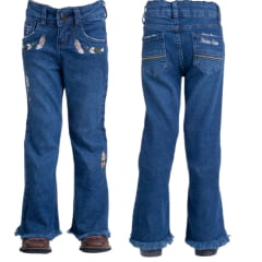 Calça Infantil Feminina Texas Farm Essence Azul Jeans C/ Bordado Penas E Barra Flare Desfiada Ref: PDFMIN002