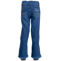 Calça Infantil Feminina Texas Farm Essence Azul Jeans C/ Bordado Penas E Barra Flare Desfiada Ref: PDFMIN002