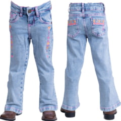 Calça Infantil Feminina Texas Farm Intuition Jeans Claro C/ Bordado Laranja Rosa Flexas C/ Barra Flare Ref: PDFMINI001