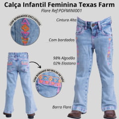 Calça Infantil Feminina Texas Farm Intuition Jeans Claro C/ Bordado Laranja Rosa Flexas C/ Barra Flare Ref: PDFMINI001