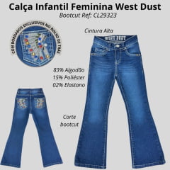 Calça Infantil Feminina West Dust Jeans Azul Médio Raia Bootcut C/ Bordado De Cocar Nos Bolsos Ref: CL29323