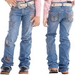 Calça Infantil Feminina Zenz Western Jeans Kids Moomoo Azul Médio Bordados E Strass Ref:ZW0325056-1603