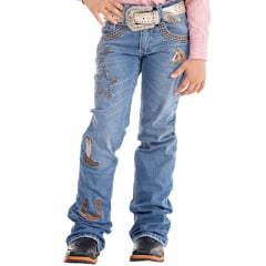 Calça Infantil Feminina Zenz Western Jeans Kids Moomoo Azul Médio Bordados E Strass Ref:ZW0325056-1603