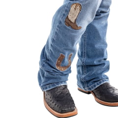 Calça Infantil Feminina Zenz Western Jeans Kids Moomoo Azul Médio Bordados E Strass Ref:ZW0325056-1603