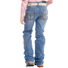 Calça Infantil Feminina Zenz Western Jeans Kids Moomoo Azul Médio Bordados E Strass Ref:ZW0325056-1603