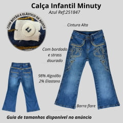 Calça Infantil Minuty Jeans Azul Feminina Flare Bordada Com Strass Ref:251847