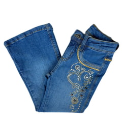 Calça Infantil Minuty Jeans Azul Feminina Flare Bordada Com Strass Ref:251847