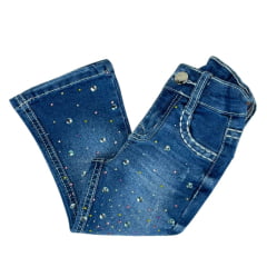 Calça Infantil Miss Country Jeans Azul Bubble Flare Com Bordados Coloridos Em Strass Ref:1035