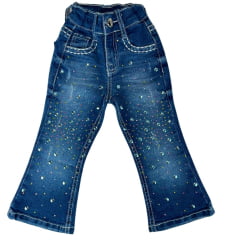 Calça Infantil Miss Country Jeans Azul Bubble Flare Com Bordados Coloridos Em Strass Ref:1035