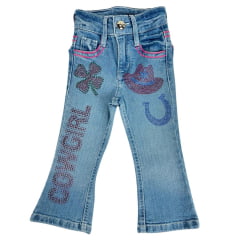 Calça Infantil Miss Country Jeans Azul Claro Cowgirl Bordado Com Brilhos Rosa E Presponto Rosa Ref:1052