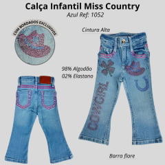 Calça Infantil Miss Country Jeans Azul Claro Cowgirl Bordado Com Brilhos Rosa E Presponto Rosa Ref:1052