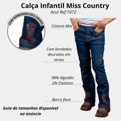 Calça Infantil Miss Country Jeans Azul Escuro Flare Cowgirl Com Bordados Dourados Ref:1072