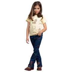 Calça Infantil Miss Country Jeans Azul Escuro Flare Cowgirl Com Bordados Dourados Ref:1072