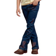 Calça Infantil Miss Country Jeans Azul Escuro Flare Cowgirl Com Bordados Dourados Ref:1072