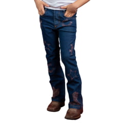 Calça Infantil Miss Country Jeans Azul Escuro Flare Cowgirl Com Bordados Dourados Ref:1072