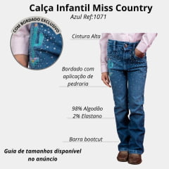 Calça Infantil Miss Country Jeans Wild Azul Claro Bordado Cactus E Strass Bootcut Ref:1071