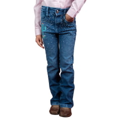 Calça Infantil Miss Country Jeans Wild Azul Claro Bordado Cactus E Strass Bootcut Ref:1071