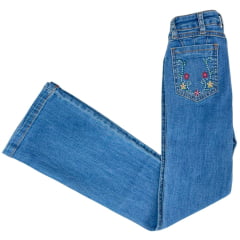 Calca Infantil PRB Jeans Azul Delavê Flare Country Bordada Com Flores e Brilho Ref: 1607