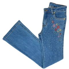 Calca Infantil PRB Jeans Azul Delavê Flare Country Bordada Com Flores e Brilho Ref: 1607